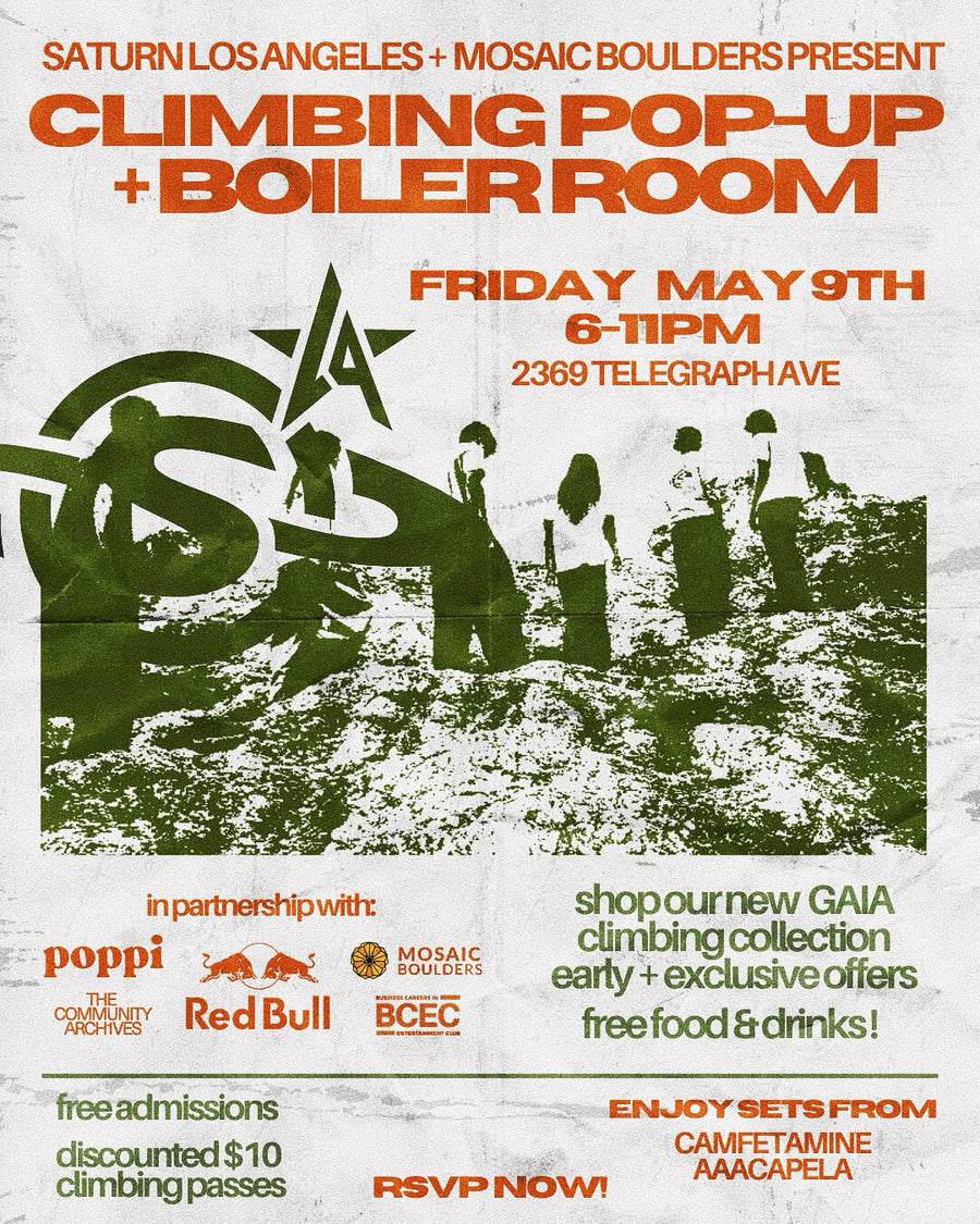 Climbing Pop-Up + Boiler Room flyer for May 9 at Mosaic Boulders