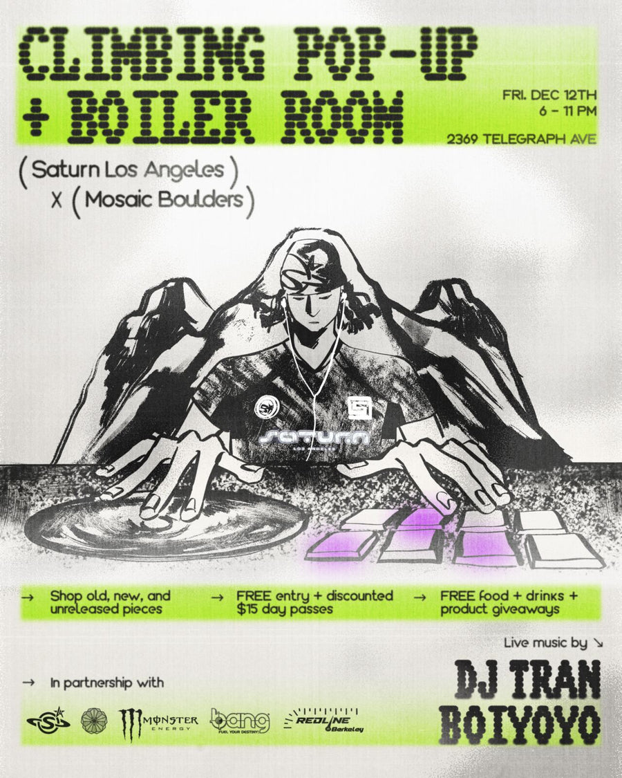 Climbing Pop-Up + Boiler Room flyer for December 12 at Mosaic Boulders